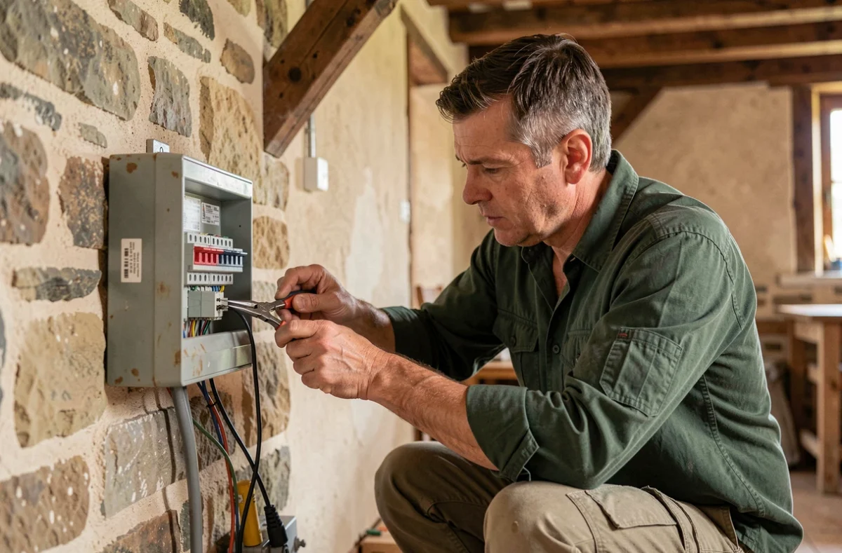 Électricien de Monforte'lec en train de réparer un fusible dans une maison ancienne en Seine-et-Marne