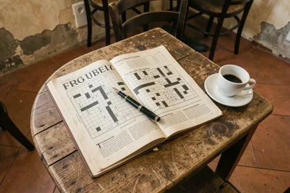 Mots croisés italiens posés sur une table en bois avec un stylo plume et un expresso dans un café romain