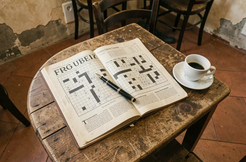 Mots croisés italiens posés sur une table en bois avec un stylo plume et un expresso dans un café romain