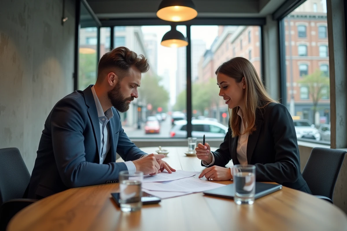 Deux professionnels examinant un contrat de travail ensemble dans un espace de coworking lors d'une négociation salariale pour un poste d'animateur