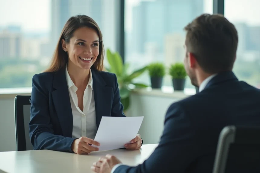 Femme en blazer marine négociant son salaire avec un recruteur dans un bureau moderne après une offre d'emploi d'animateur