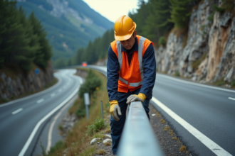 Ouvrier en gilet orange place une barriere de securite sur une route de montagne