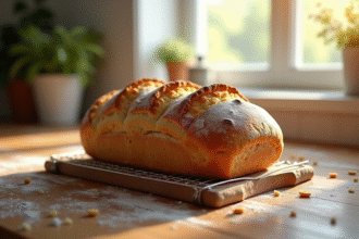 Pain maison croustillant sur un support en bois dans une cuisine lumineuse