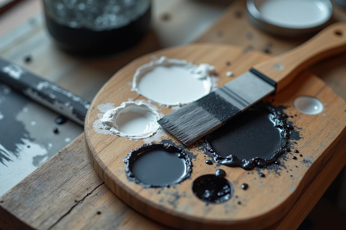 Gros plan sur une palette de peintre avec du noir et du blanc mélangés au couteau pour créer des nuances de gris
