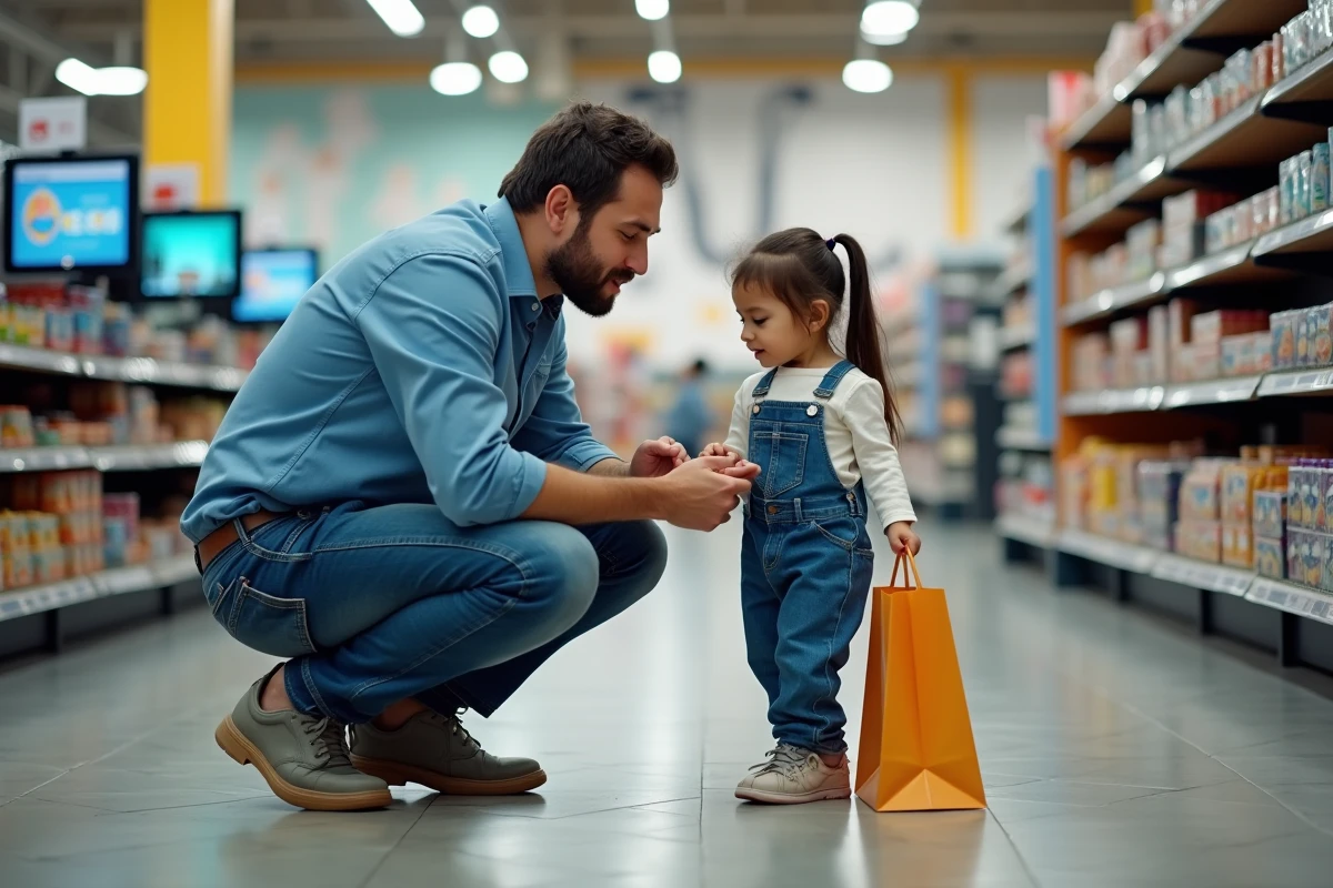 Père et fille regardant des cartes de collection en supermarché