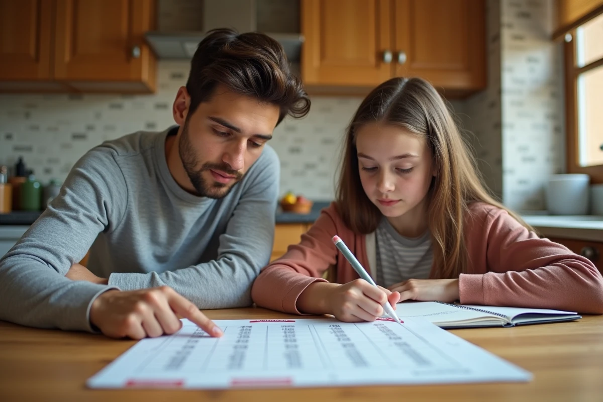 Parent aidant son adolescent à utiliser un tableau de conversion des litres pour réviser les maths à la maison