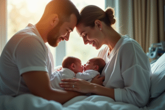Parents aimants tenant des bébés jumeaux conjoints dans une chambre lumineuse