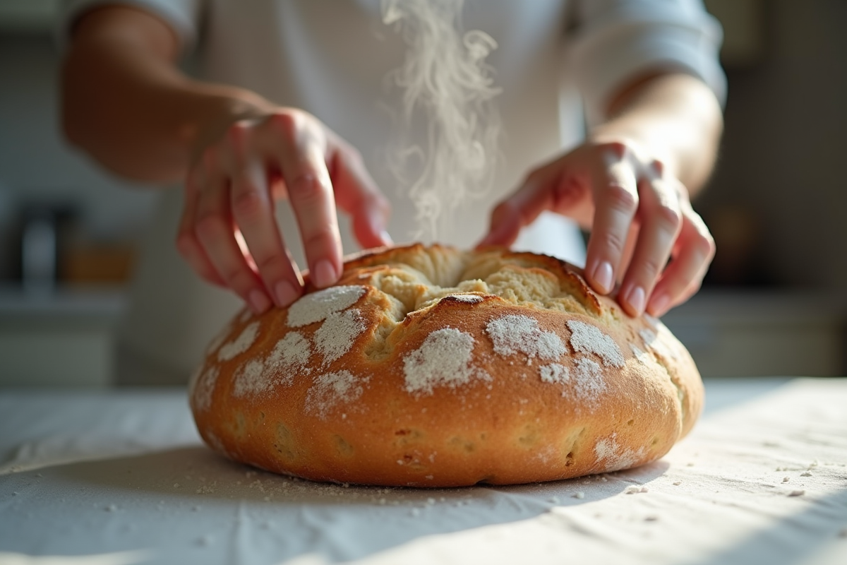 Main cassant un pain maison chaud sur une table blanche