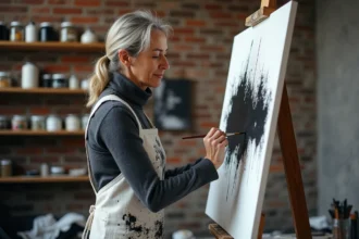 Peintre femme appliquant de la peinture noire sur une toile en noir et blanc dans un atelier de style loft industriel