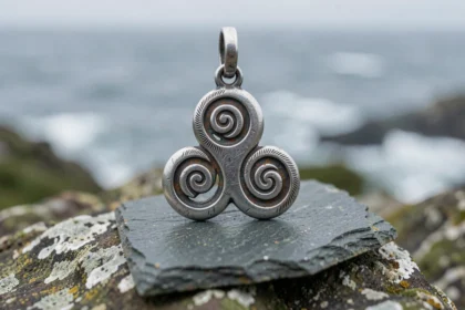 Pendentif triskel breton en argent ancien posé sur une ardoise, avec détails gravés et patine, en bord de mer bretonne