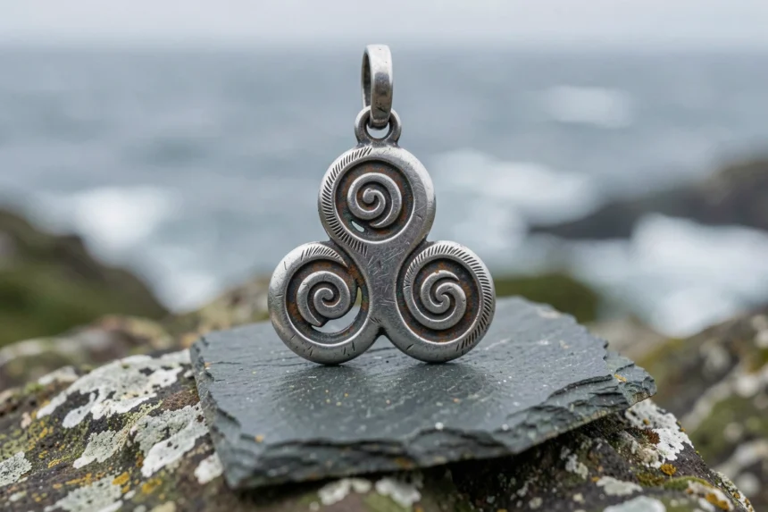 Pendentif triskel breton en argent ancien posé sur une ardoise, avec détails gravés et patine, en bord de mer bretonne