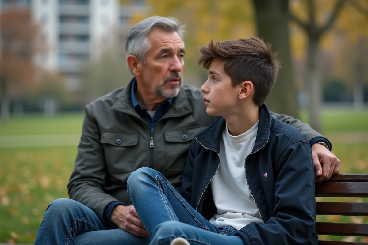 Père et fils parlent assis sur un banc dans un parc