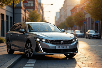 Peugeot 508 SW en ville sous soleil couchant