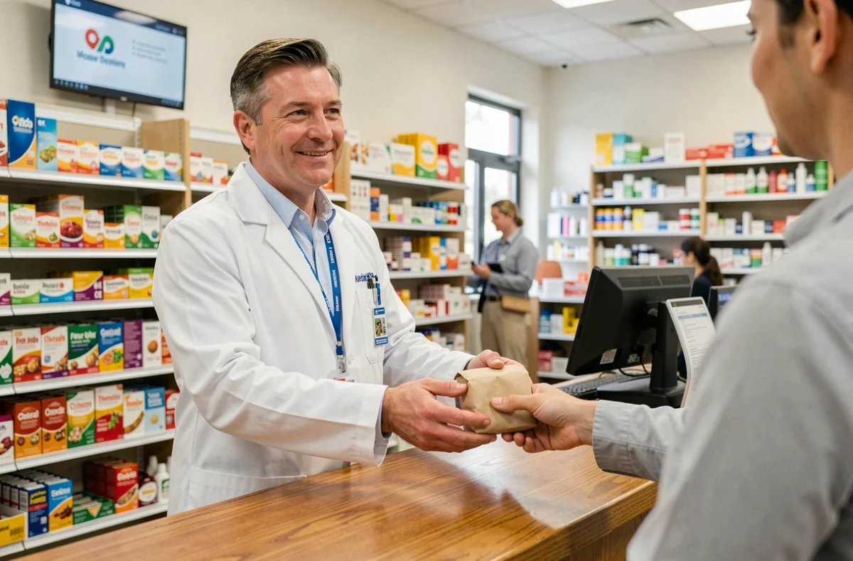 Pharmacien ARC Raiders remettant une ordonnance au comptoir d'une pharmacie de quartier