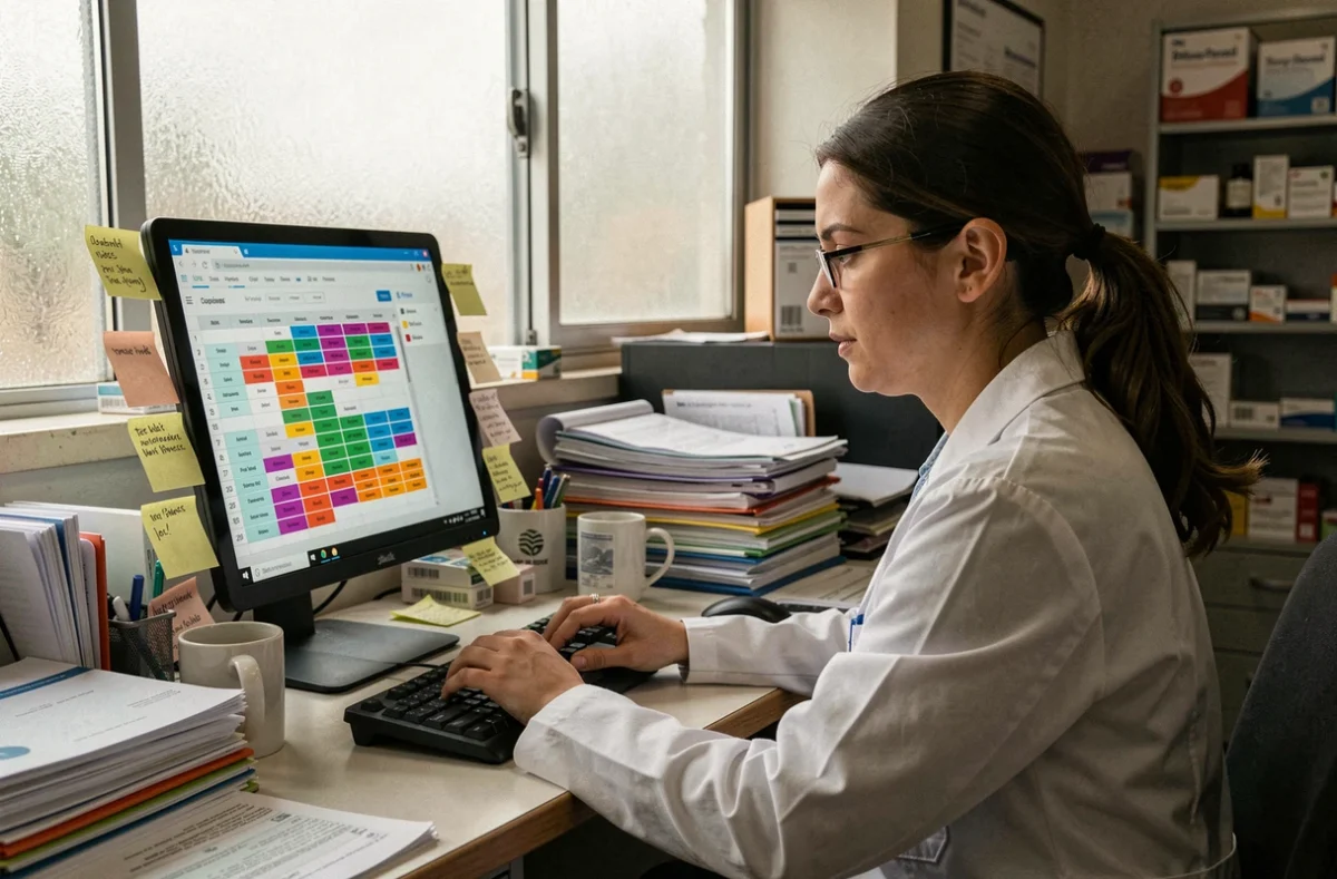 Pharmacienne ARC Raiders consultant un guide de progression sur tablette dans son bureau