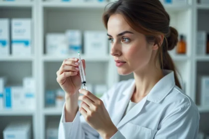 Pharmacienne examinant attentivement un flacon et une seringue graduée pour éviter une erreur de dosage en ml