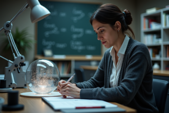 Physicienne femme regardant un sablier brillant dans un laboratoire