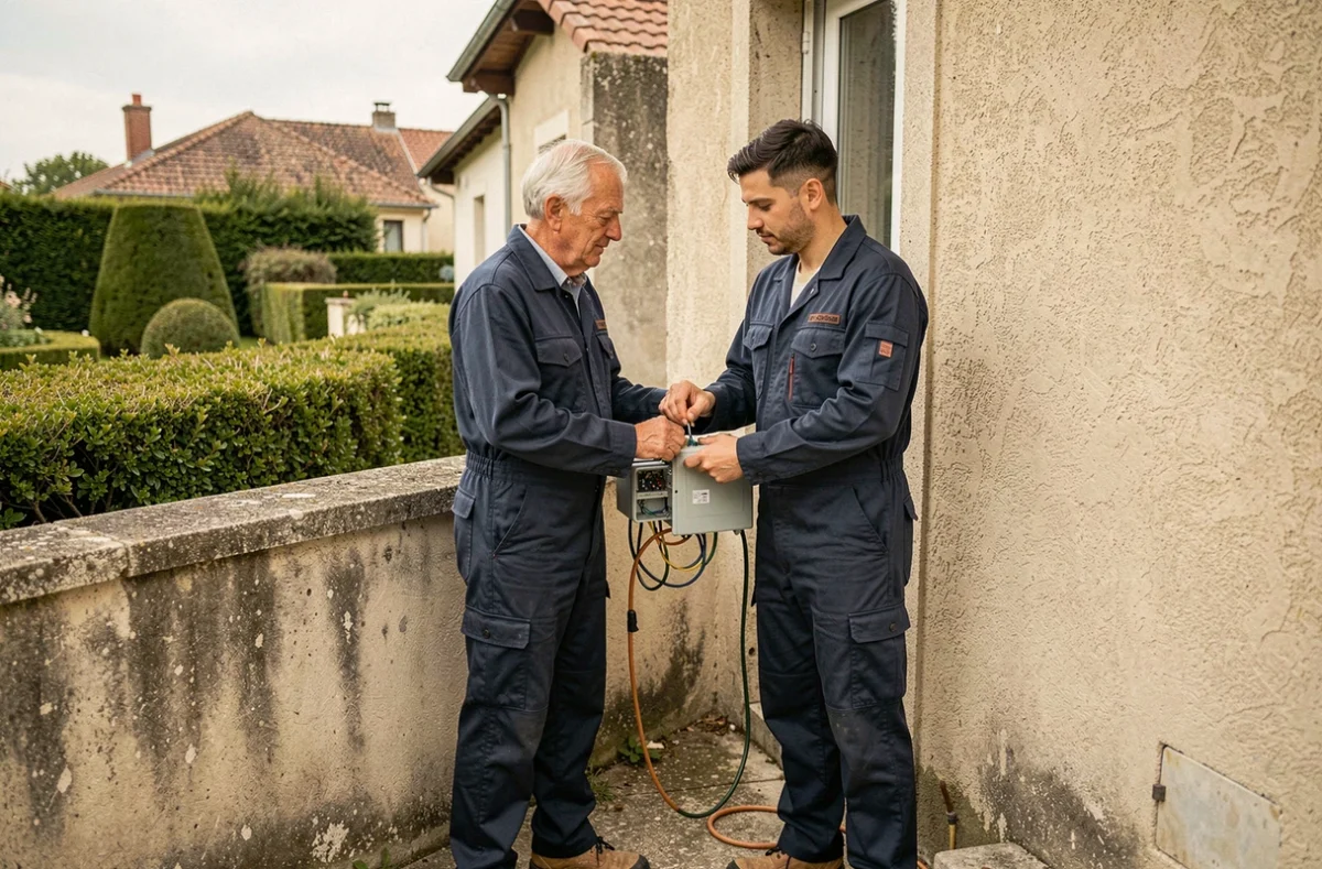 Duo père et fils de l'entreprise Pierre Soliveau et Fils travaillant sur une installation électrique extérieure en Seine-et-Marne