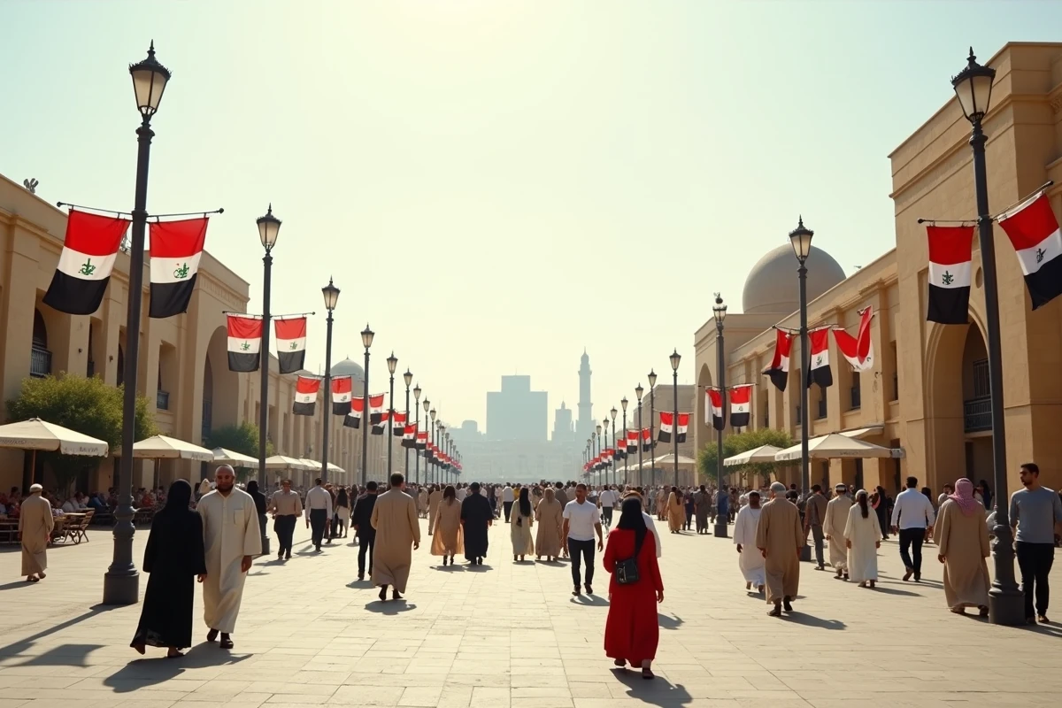 Place publique animée dans une ville arabe moderne avec des drapeaux panarabes rouge blanc noir accrochés aux lampadaires et façades parmi des piétons en tenue traditionnelle et contemporaine