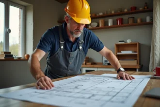 Hommes en travaux examinant des plans de construction