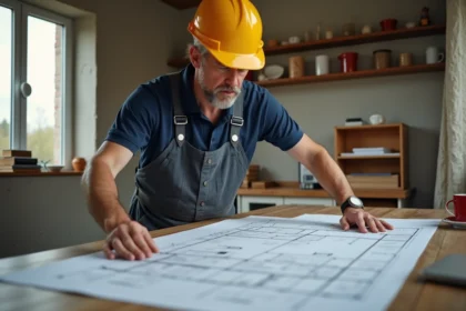 Hommes en travaux examinant des plans de construction