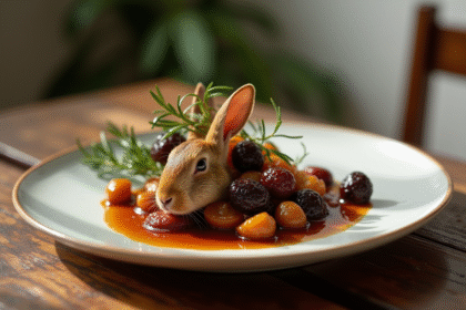 Ragout de lapin aux prunes joliment présenté sur une table en bois