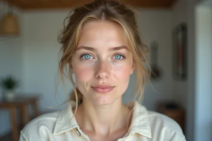 Portrait en gros plan d'une femme scandinave aux yeux bleus naturels, illustrant la prévalence des yeux bleus en Europe du Nord