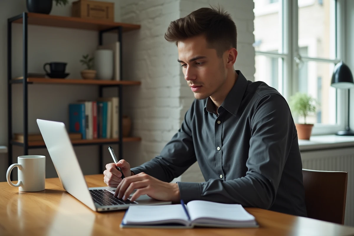 Jeune homme préparant sa négociation salariale chez lui devant un ordinateur portable après avoir reçu une offre d'animateur