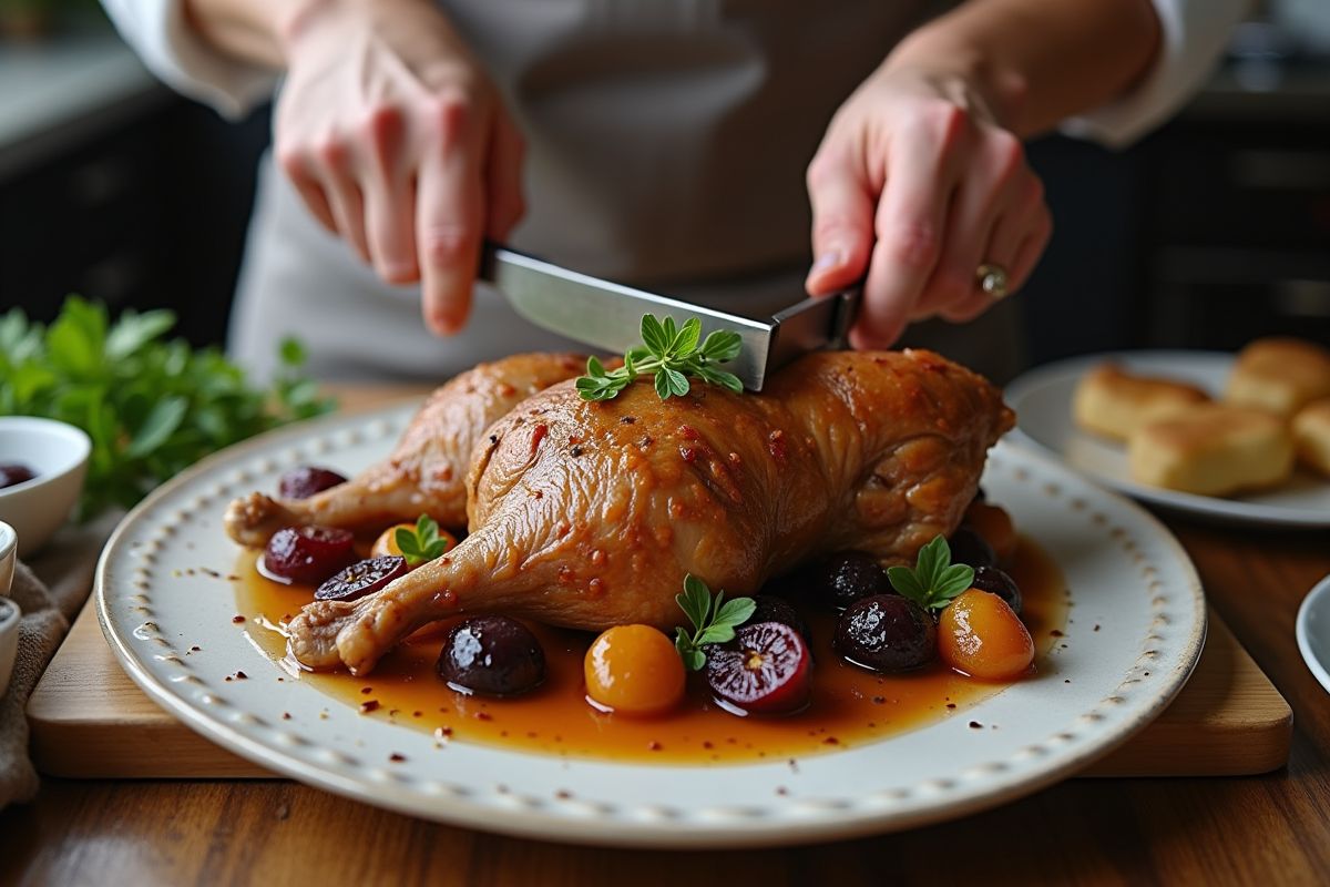 Chef préparant un plat de lapin aux prunes dans une cuisine moderne
