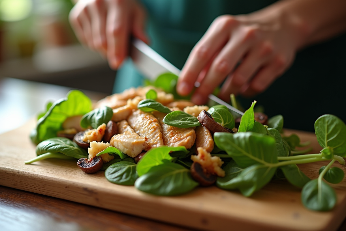 Mains préparant une salade saine avec épinards et poulet