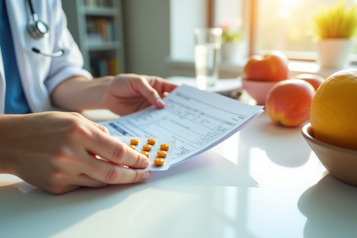 Mains tenant un rapport médical et vitamine B9 avec fruits