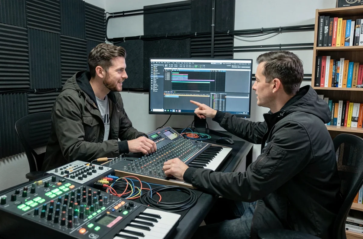 Deux producteurs de musique techno discutant d'un projet en studio home avec synthétiseurs et console de mixage