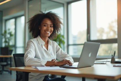 Professionnel souriant utilisant un laptop dans un bureau lumineux