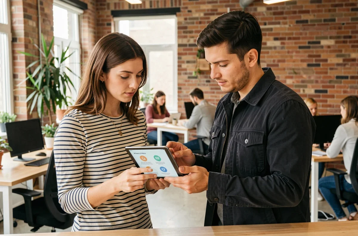 Deux professionnels consultant une politique de confidentialité sur tablette dans un espace de coworking