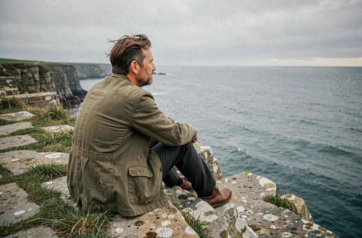 Homme contemplatif seul sur une falaise au bord de la mer, symbolisant la quête intérieure et le voyage karmique de l'âme