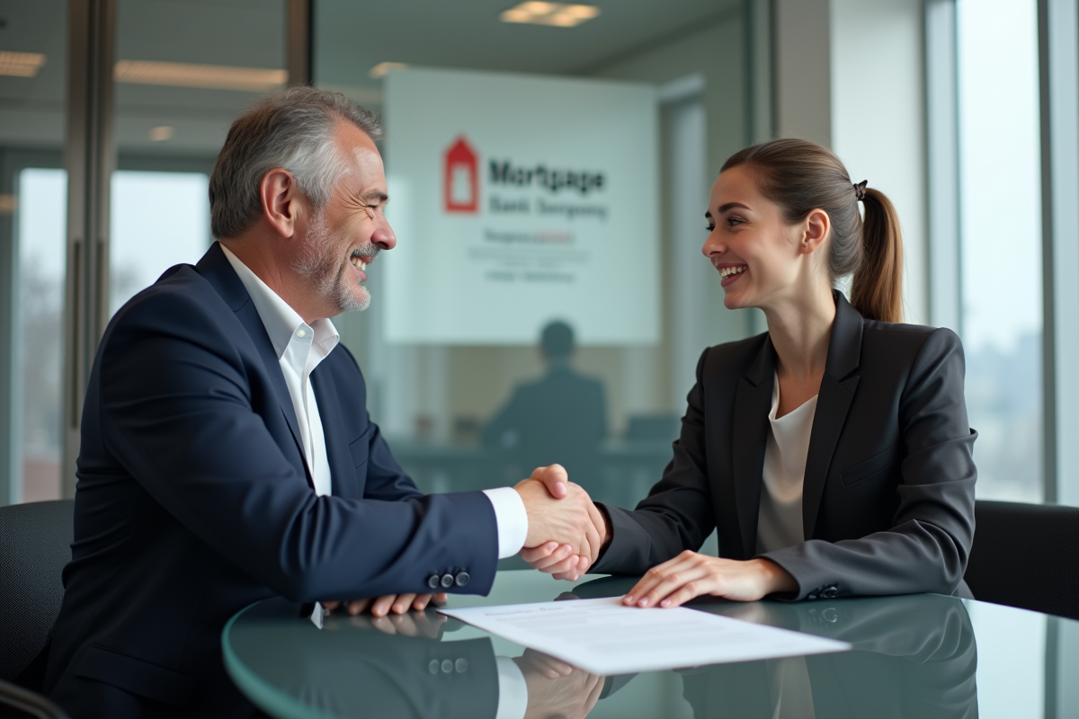 Homme et conseillère en prêt immobilier se serrant la main