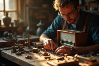 Artisan réparant une radio vintage avec outils anciens