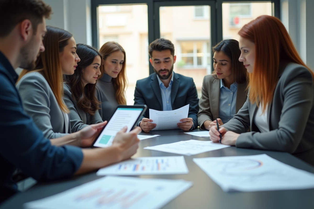 Groupe de professionnels discutant avec tablette et documents