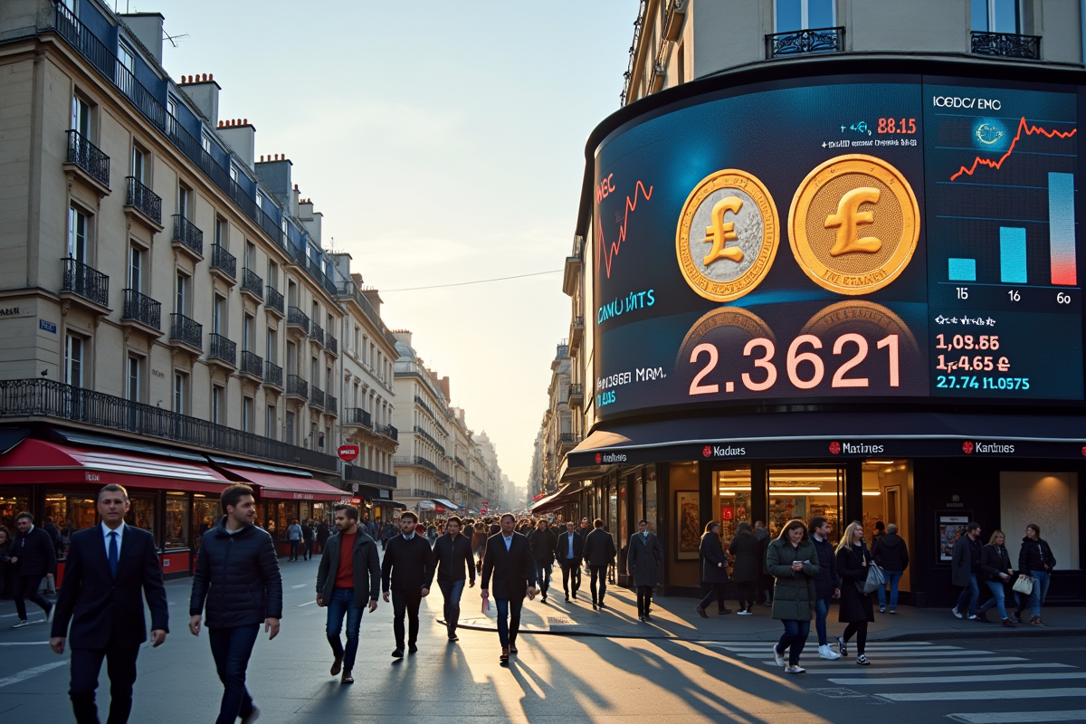 Rue animée à Paris avec écran géant sur la dette nationale