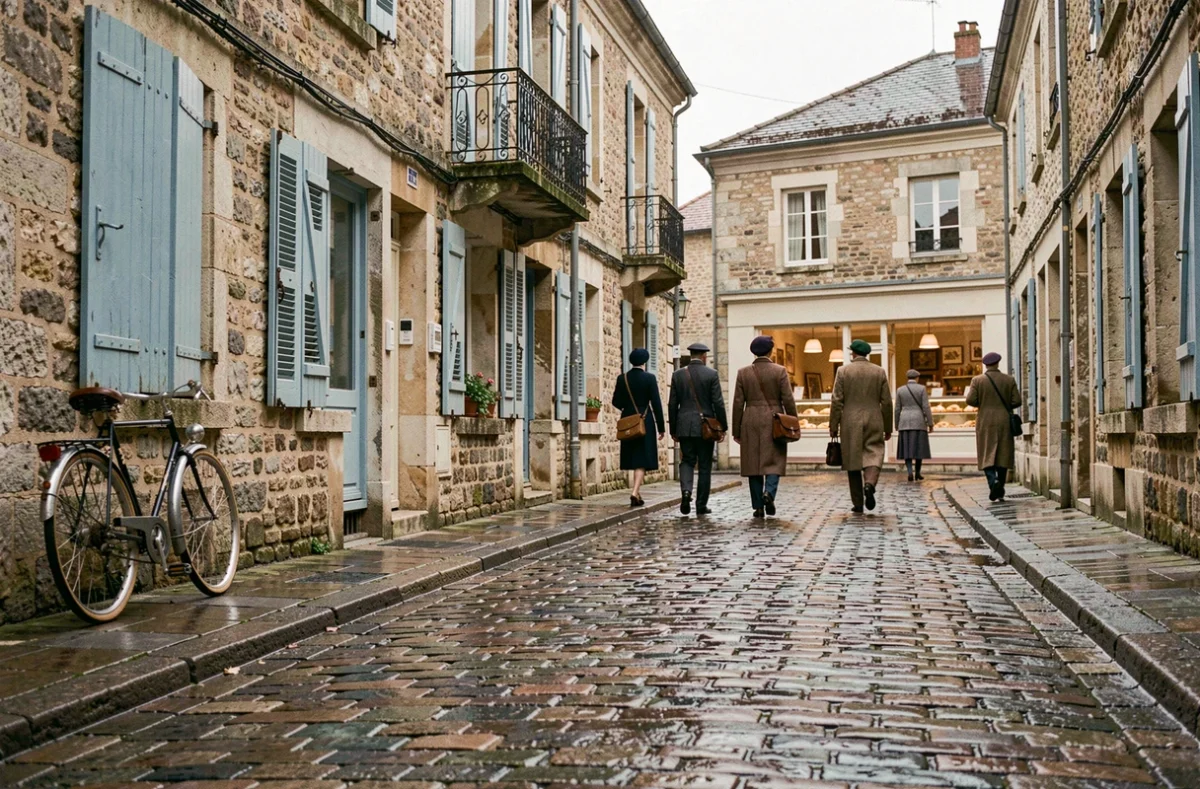 Rue pavée d'un village français typique des années 1950, contexte historique et environnement social de la naissance de Patrick Dutartre