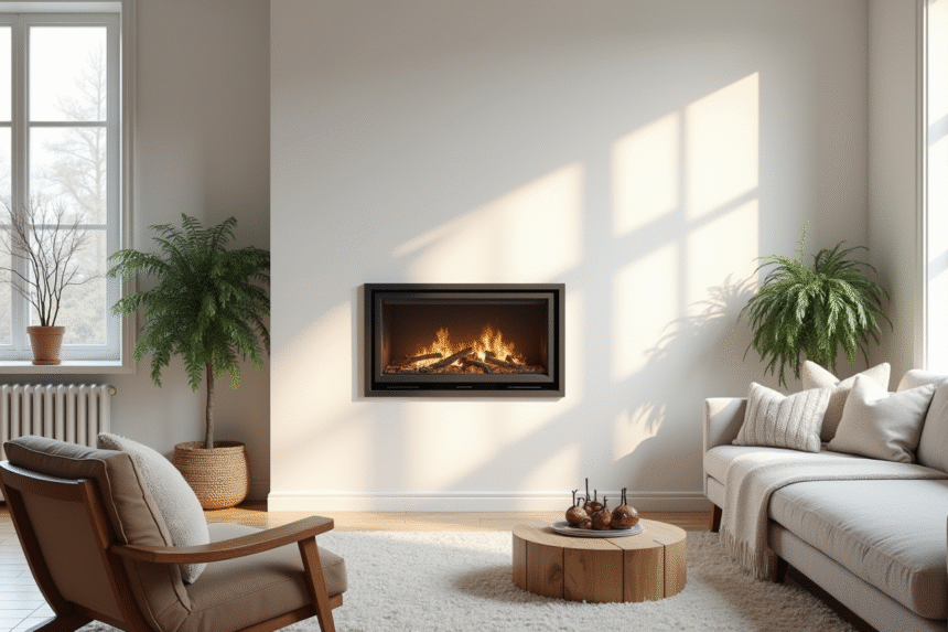 Salon moderne avec poele intégré et ambiance chaleureuse