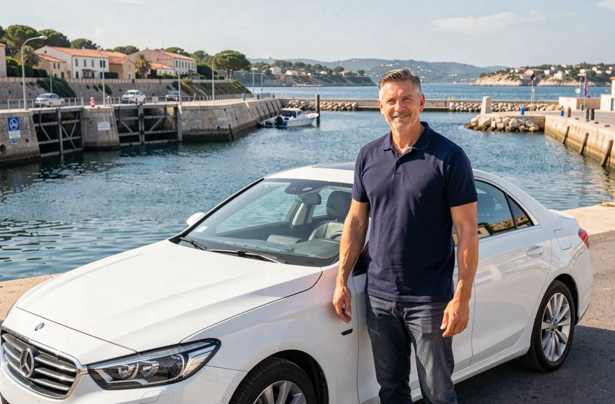 Chauffeur VTC en polo marine devant sa voiture blanche au bord du bassin de Thau à Sète