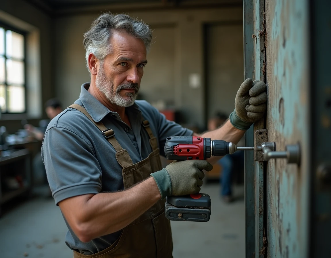 Artisan serrurier de la Sarl Cordeiro en train de percer un cadre de porte métallique dans un bâtiment commercial de la Meuse