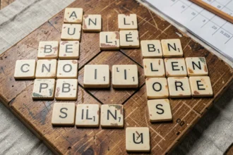 Plateau de Scrabble en bois avec les lettres I et N posées sur une case compte-double, entourées de mots croisés