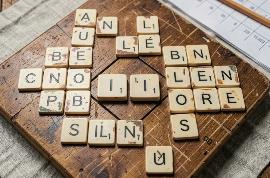 Plateau de Scrabble en bois avec les lettres I et N posées sur une case compte-double, entourées de mots croisés