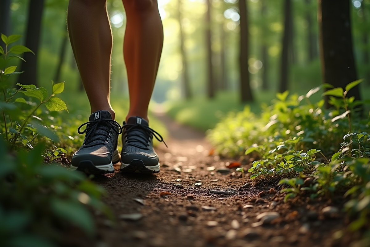 Chaussures usées sur un sentier forestier avec le marqueur 10000 pas