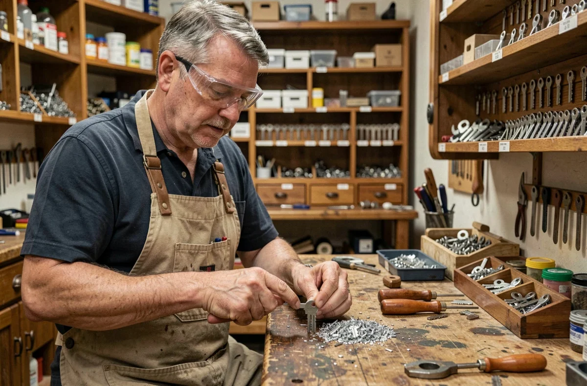 Artisan serrurier de Serrurerie Genin en train de limer une ébauche de clé dans sa boutique artisanale dans la Meuse