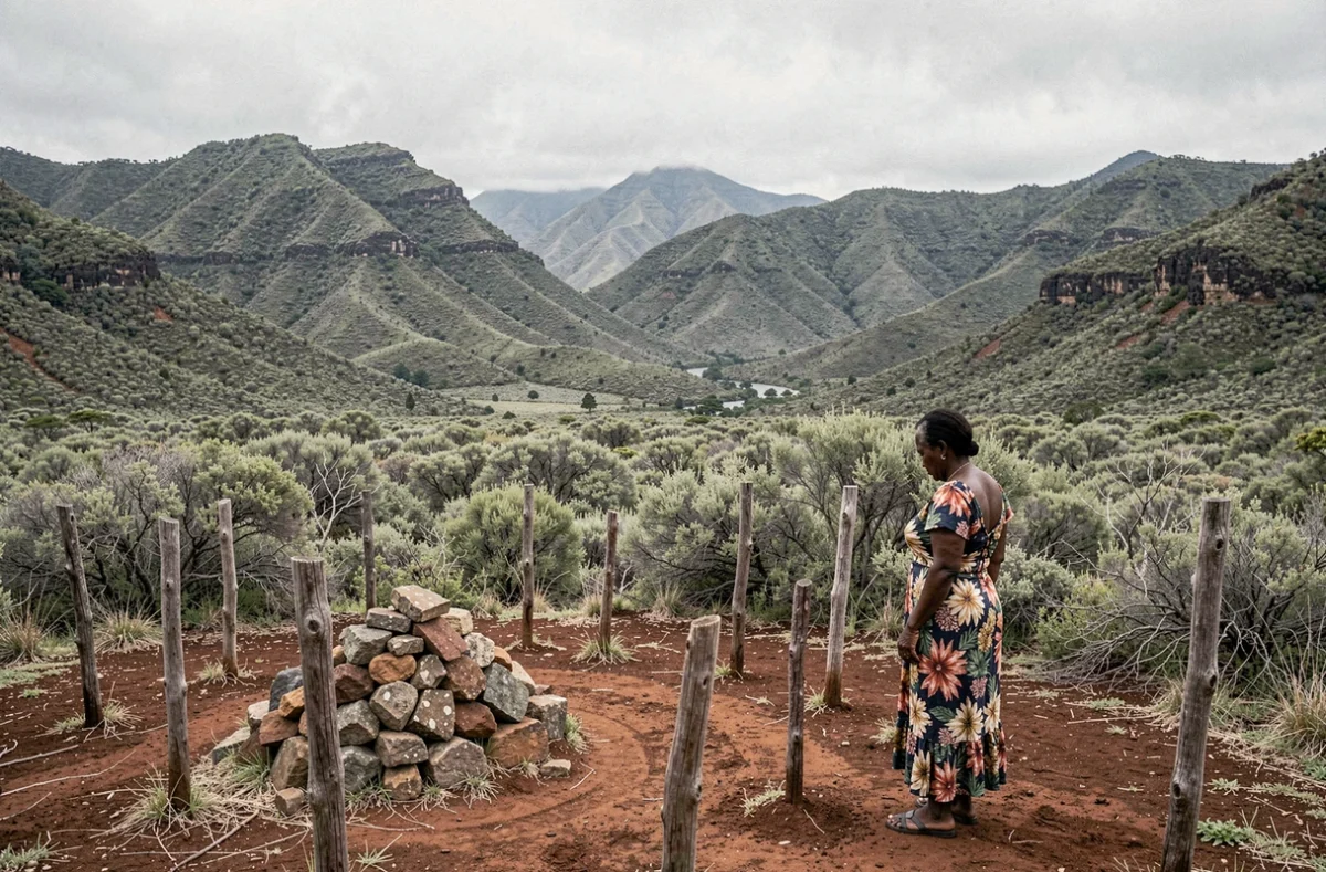 Femme kanak en recueillement devant un site commémoratif dans les hautes terres de Nouvelle-Calédonie, paysage évoquant la mémoire du martyr Patchili