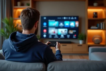 Homme utilisant une manette de jeu connectée à une Smart TV pour accéder à des services de streaming sans restriction