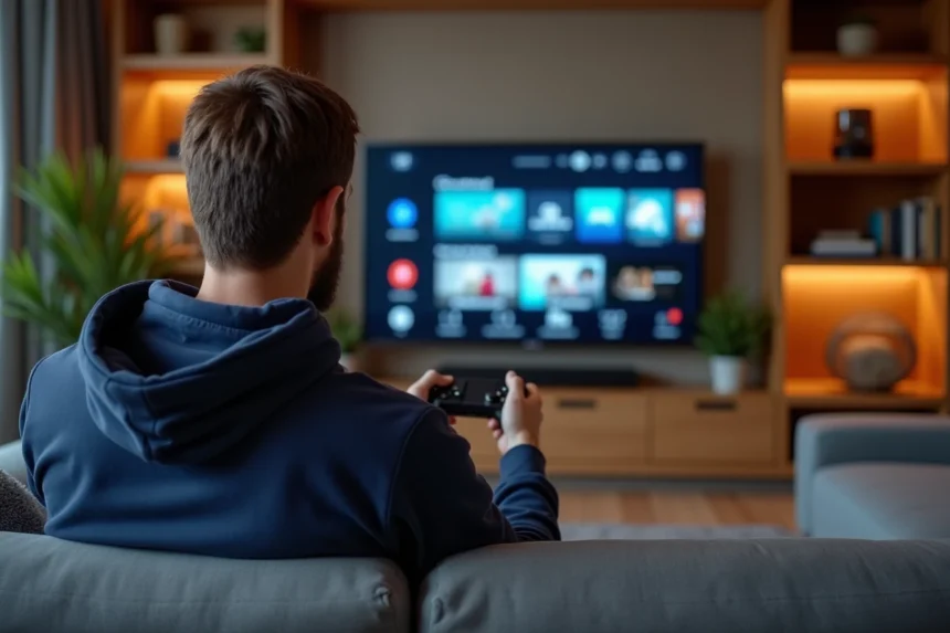 Homme utilisant une manette de jeu connectée à une Smart TV pour accéder à des services de streaming sans restriction